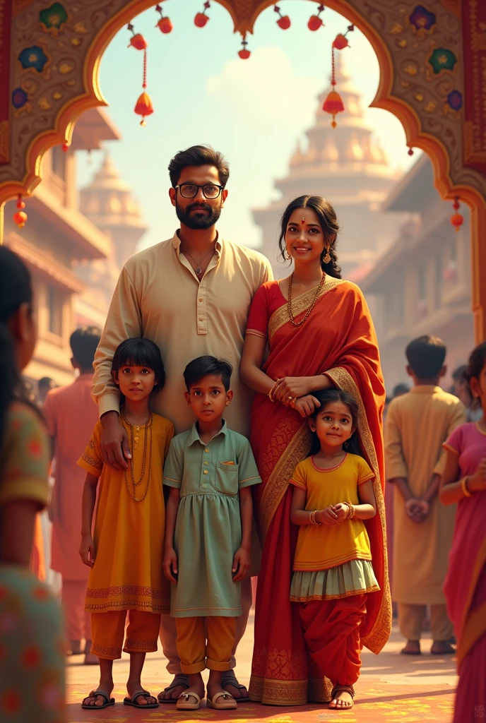 Bengali father wearing kurta & spects on his eyes, his wife (Bengali) wearing saree, with their children at Durga puja festival