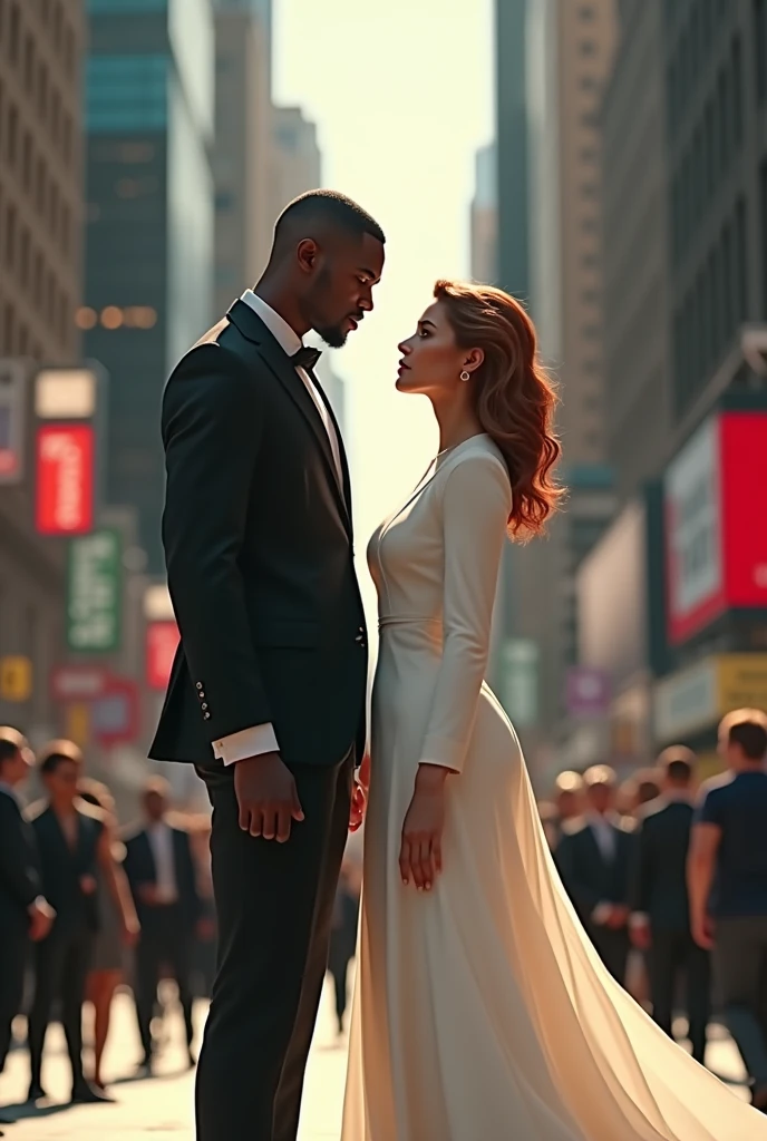 A couple formed by a young black man with fine features, straight hair cut low, thin moustache, super tall stature, thin but with a muscular body, wearing formal clothes and an extremely white woman, greeneyes, short stature, wide curvy body, brazilian woman style, with wide hips and big buttocks, Waist slender. Wearing a long dress with long sleeves covering her arms. Wavy hair in light brown with a hint of red. The two are in New York looking at each other.