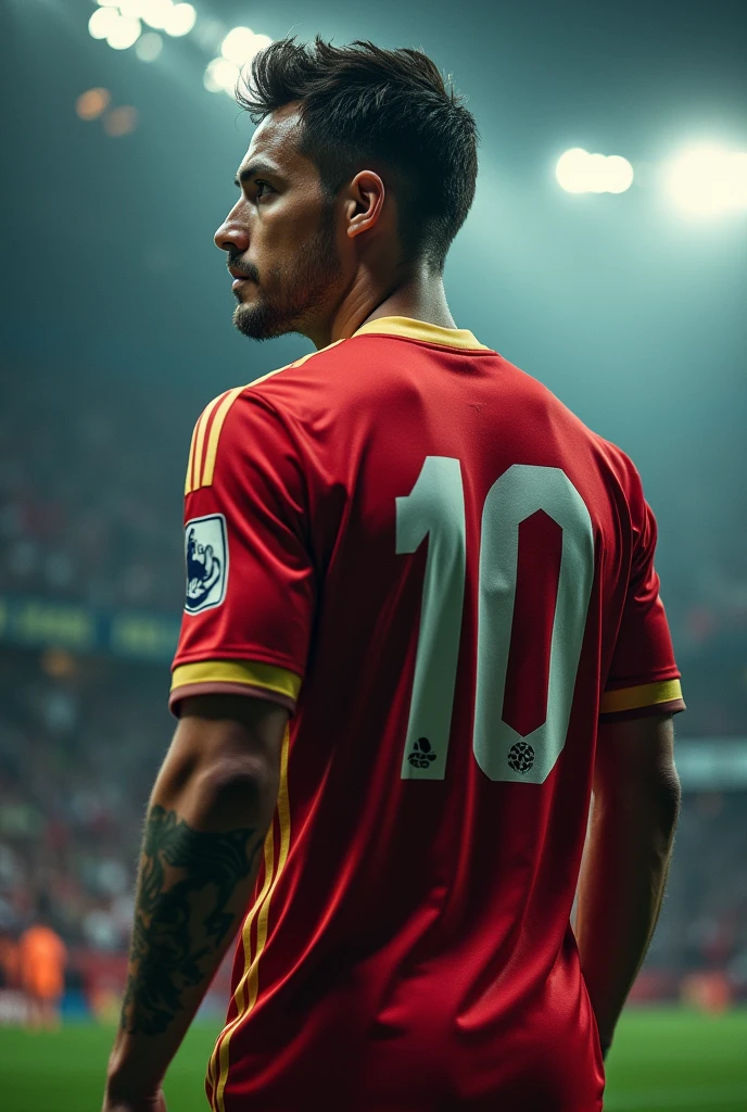 Create a movie cover style image, de um jogador de futebol ⚽ com plano de fundo embaçado,  and he&#39;s back to back with the number 10 on his shirt, and with the colors red, doradas, white and black.