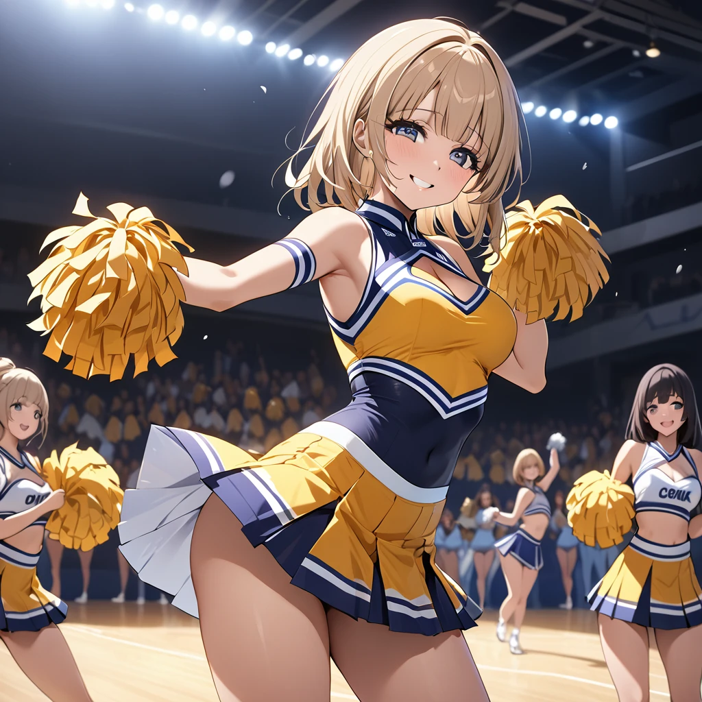 ((Highest quality)), ((masterpiece)), (detailed), (Perfect Face)、The woman is Reika Aoki, a dark-skinned blonde with medium-long hair.、The woman is wearing a sexy, attractive and provocative cheerleading costume and dancing the cheerleading with a smile.