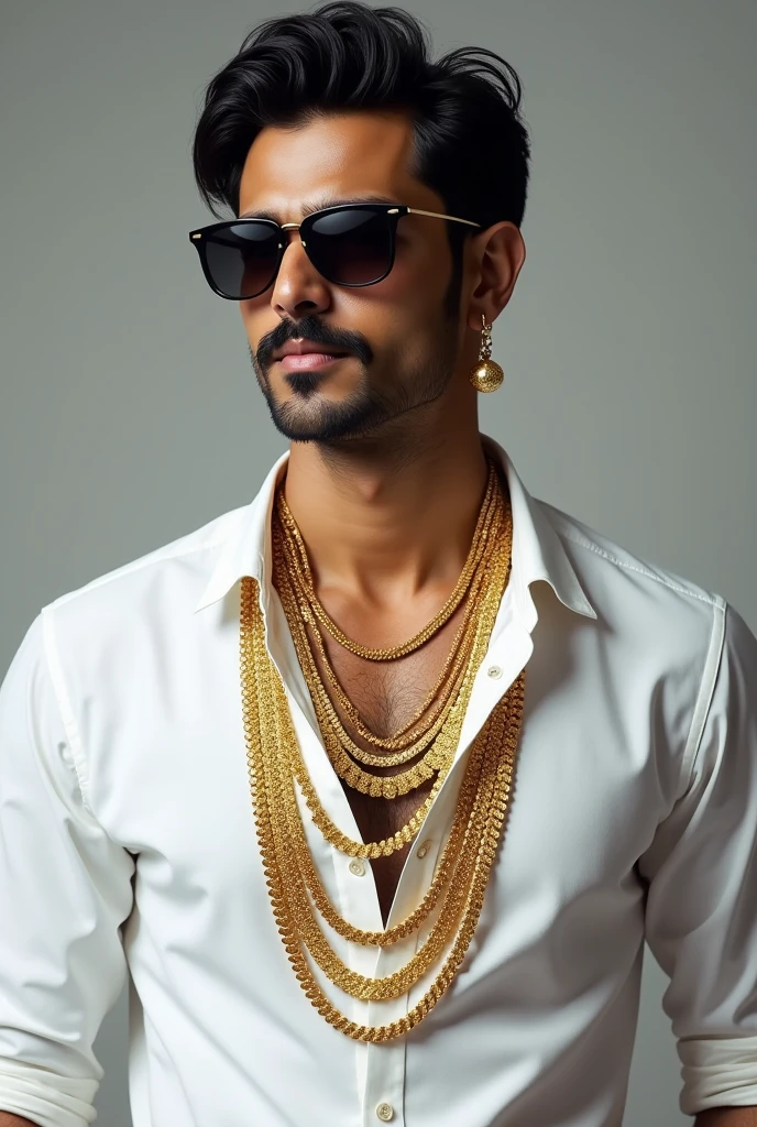 A brown Indian man age of 35 years with black mustache and clean shaved face with lots of gold chains in neck in a white shirt with black sunglasses 
