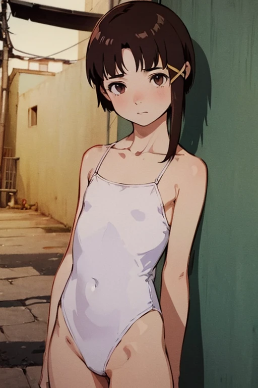 (masterpiece, Highest quality), Highest quality, ((photographic backdrop, SixtiesRamada)), Amazing details, Line art, Written boundary depth, Flat Shading, yoshinari yoh, 1girl, solo, ((iwakura lain)), (iwakura lain runs away from a desorated alley at night), white leotard, Expressive eyes, Perfect Face, (skinny, flat chest, small breast), Art Nouveau, Bokeh, (((Anatomically correct))), squinting, blush