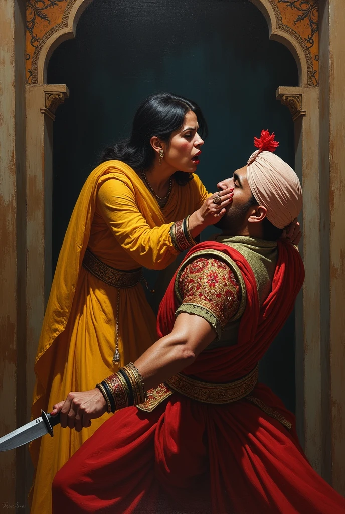 A rajput women brutally kills her rajput husband who is wearing turban with knife 