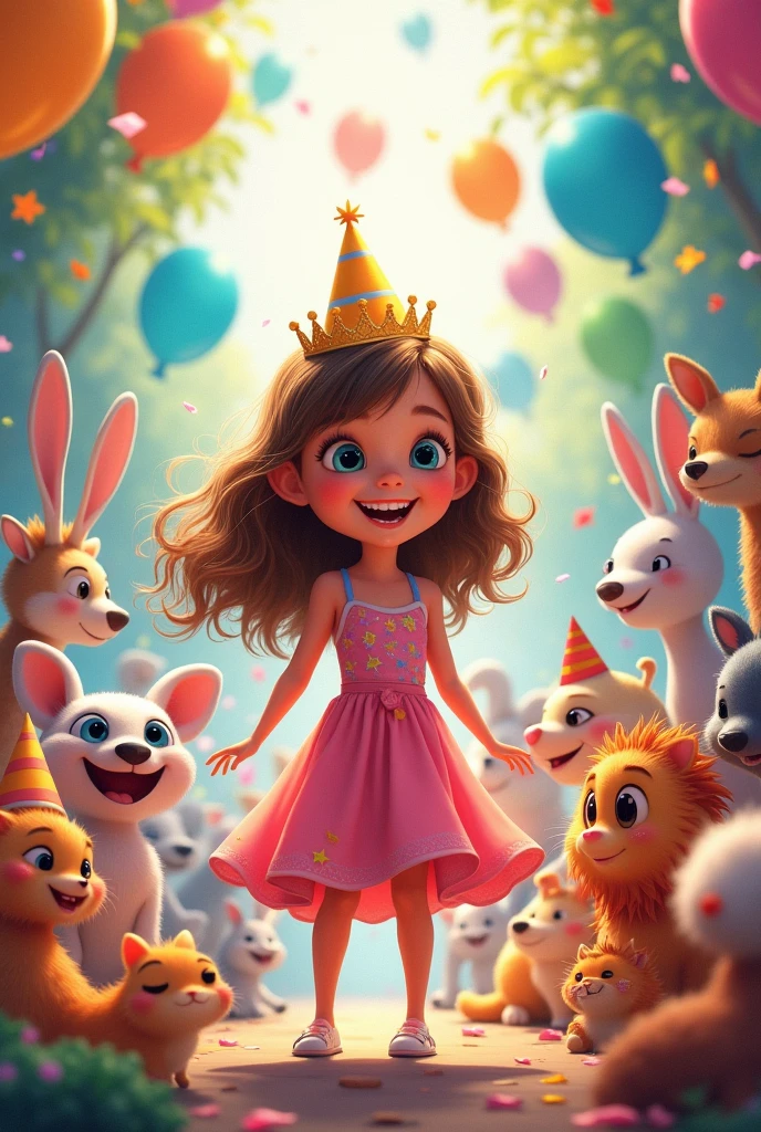 Birthday girl with cartoon characters