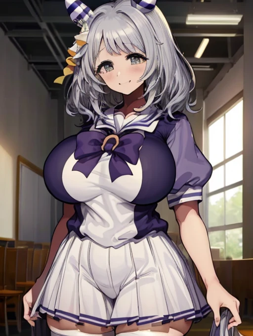 (((masterpiece))), ((Highest quality)), 1 person, One Woman, alone,Glowing Skin,(Cowboy Shot),hishi miracle, horse ears, hair ornament, horse tail, tracen school uniform, purple shirt, puffy short sleeves, white skirt, white thighhighs, Gray Hair, Yellow Eyes、Detailed Eyes, (((Very large breasts)))、(Thick legs),smile、