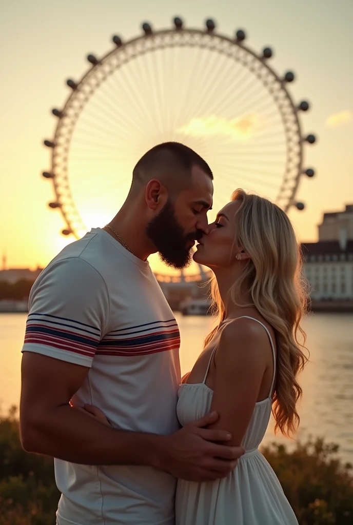 Photorealistic. Man with Chinese face low nose bridge, wider nose, mid-30s with buzzcut full Viking beard wearing white t-shirt with red blue horizontal stripe. One beautiful blonde Dutch girl wearing white summer dress trying to give him a kiss on the left cheek. London Eye in background. Landscape image. Dawn evening setting. 