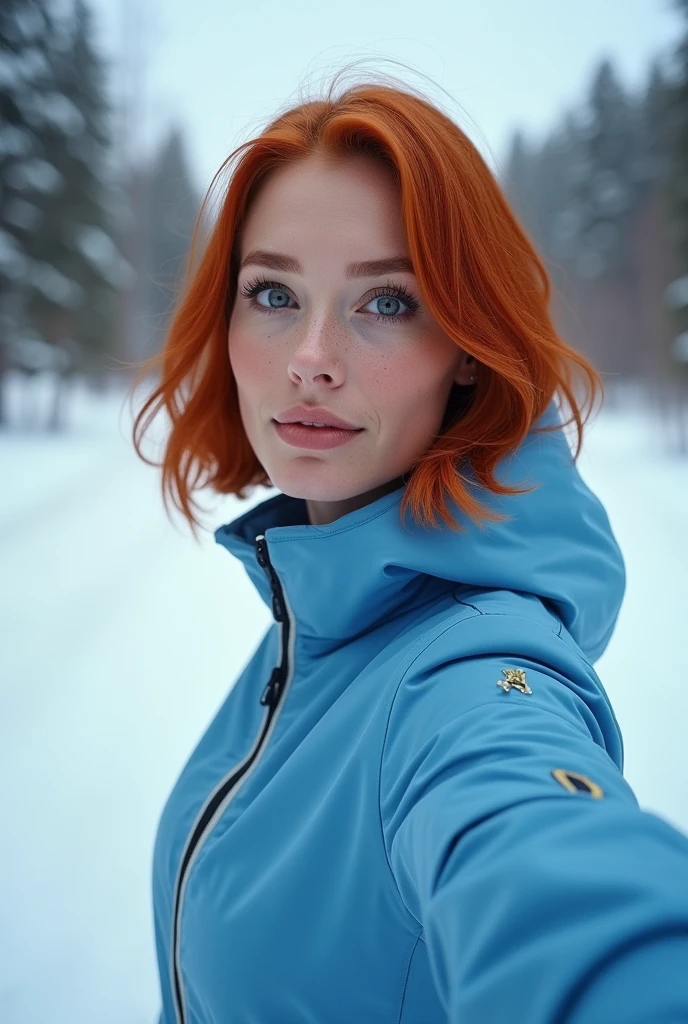 wide-angle selfie, high level of detail, (realistic) 1.5, full-length photo of a Redhead (attractive 2 woman: 1.3), (classy and elegant bob haircut) 1.3, eyes gray, (snowy landscape)1,2, skier, skiing (blue ski suit) snow (light freckles 1.4), natural lighting, (seductive 1.1), (classy, ​​elegant, dandy)1.2, (large natural breasts)1.5 (pokies) 1.3, (hourglass toned body), (clean body with visible face and eyes) 1.5, (perfect hands) 1.3, Fujifilm
