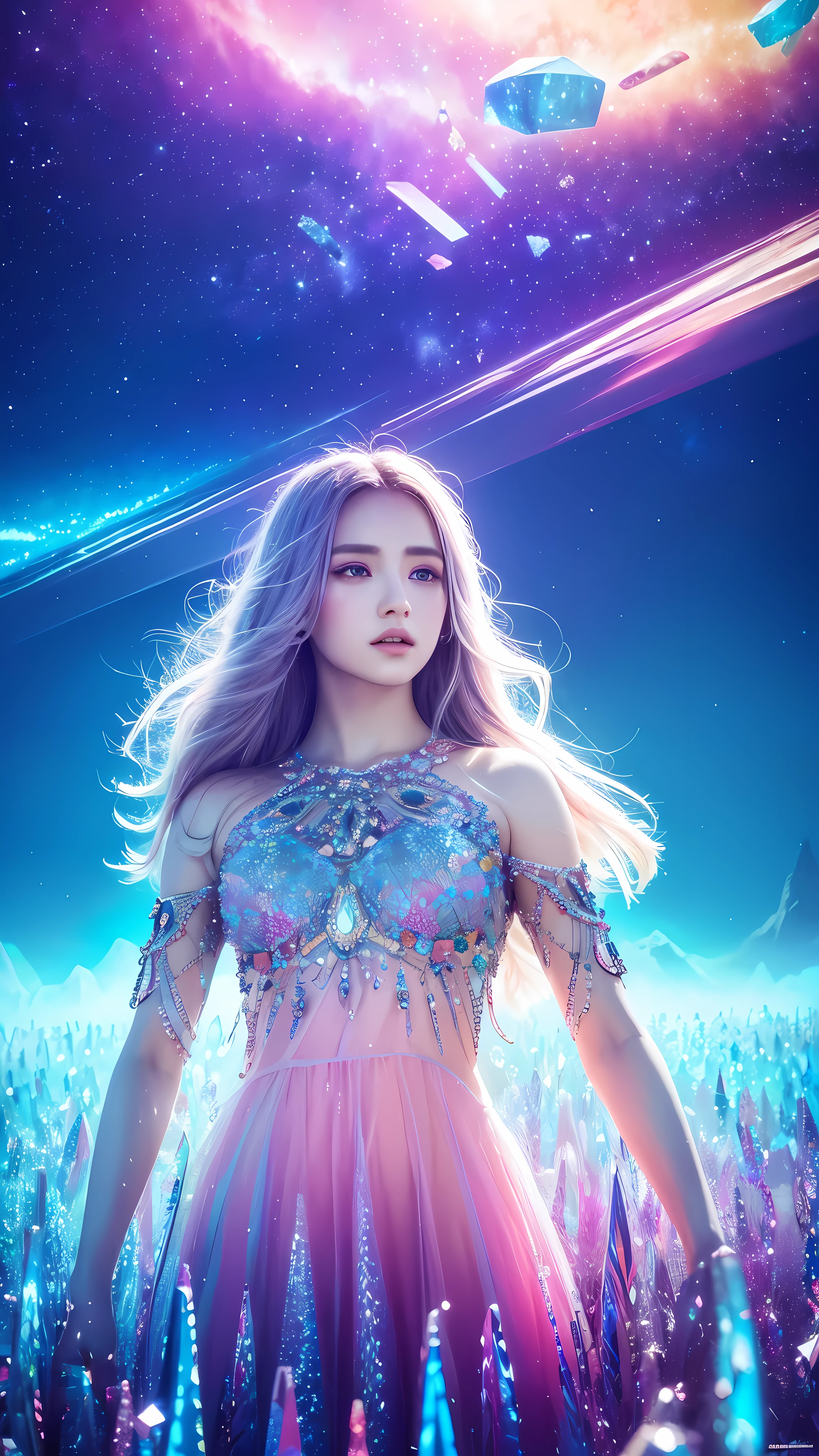 A surreal uncommon landscape, colorful and dreamlike, 1girl standing in a field of floating crystals, detailed face and eyes, ethereal atmosphere, vivid colors, dramatic lighting, intricate details, cinematic composition, award-winning digital art, hyper-detailed, photorealistic, masterpiece