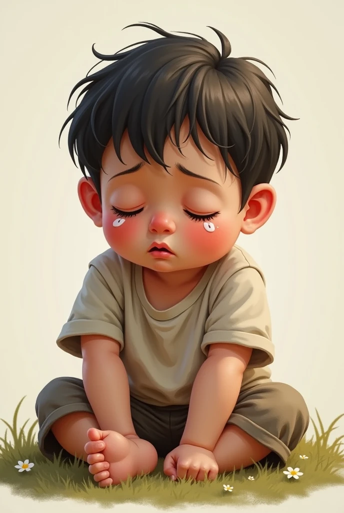 Draw me a picture , chubby boy sitting crying