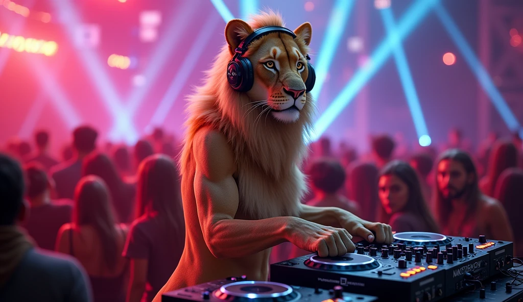 A stunning and sexy lioness DJ in a highly detailed, realistic style. She has sleek, smooth fur with a soft golden hue and mesmerizing, almond-shaped eyes. She wears stylish, high-end headphones and a fashionable DJ outfit that complements her elegant form. The lioness is standing confidently behind a state-of-the-art DJ mixer, one paw on the controls, with vibrant lights and a dynamic club atmosphere around her. The scene captures her powerful, alluring presence as she commands the attention of the crowd with her cool and confident vibe.