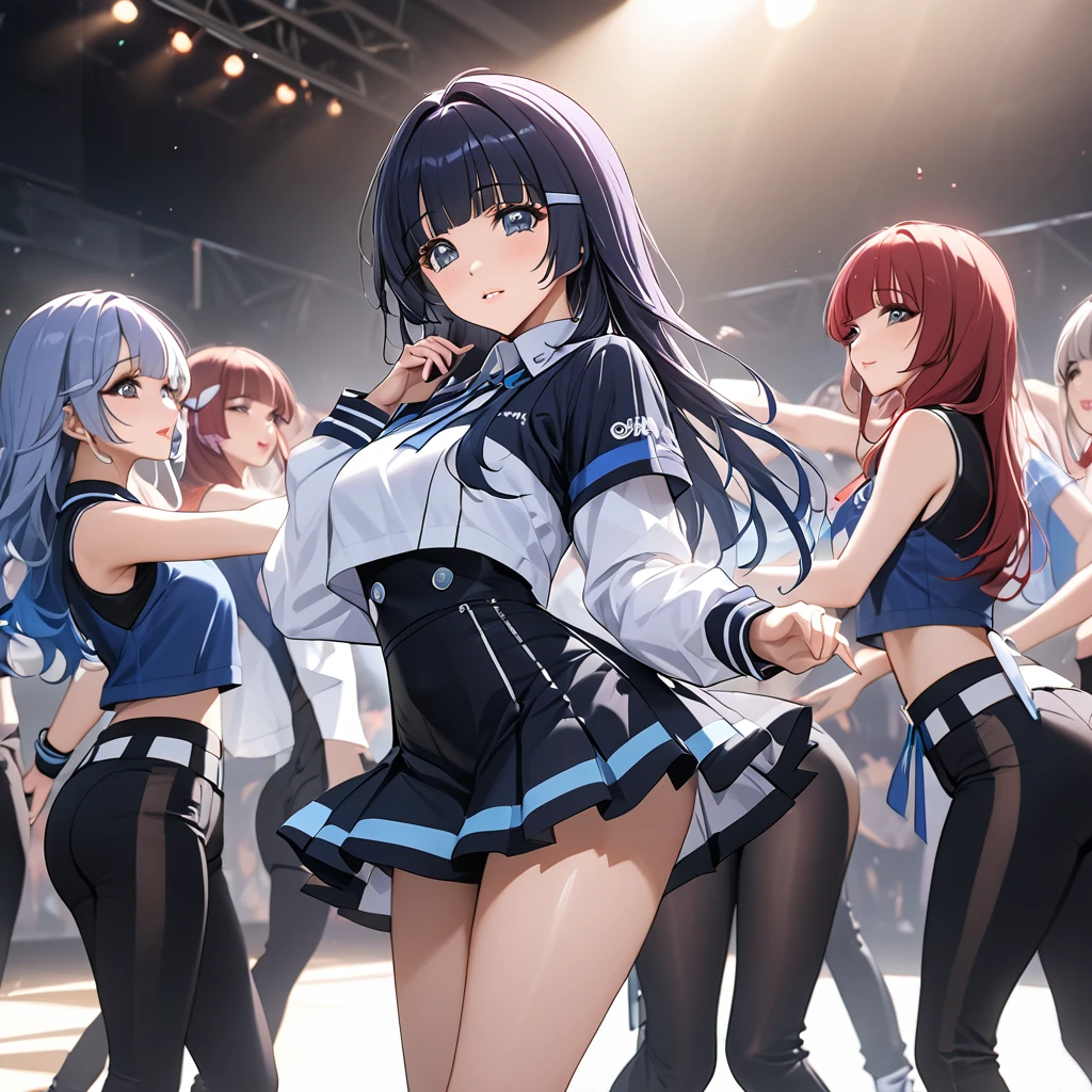 ((Highest quality)), ((masterpiece)), (detailed), (Perfect Face)、The woman is Aoki Reika, has medium-long hair and is a member of a Korean K-POP girl group.、The woman is wearing a cool costume from a Korean K-POP girl group and dancing a gorgeous and cool K-POP dance with her team members.