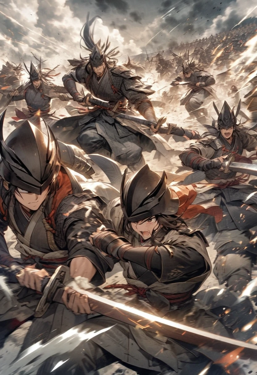 A dynamic battlefield scene during the Sengoku period, Japanese samurai armies clashing under a cloudy sky, a commanding samurai with one eye, wearing a distinctive kabuto helmet, leading his troops in a surprise flank attack, the chaos of battle unfolding around him as he charges forward."