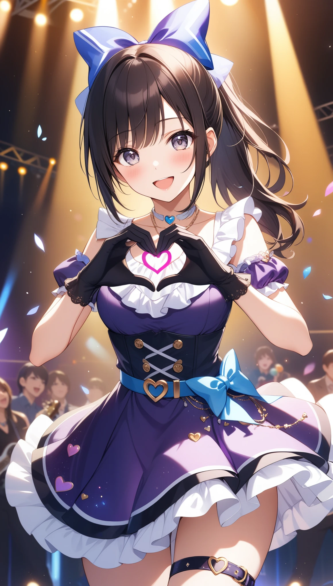 1girl, solo, looking at viewer, blush, smile, open mouth, bangs, black hair, gloves, dress, bow, jewelry, ponytail, :d, hair bow, heart, frills, belt, necklace, grey eyes, thigh strap, frilled dress, purple dress, heart hands, idol, stage, ((32k)), ((best quality)), ((ultra high res)), ((HDR)), ((UHD)), ((extremely detailed CG)), ((unity 32k wallpaper)),