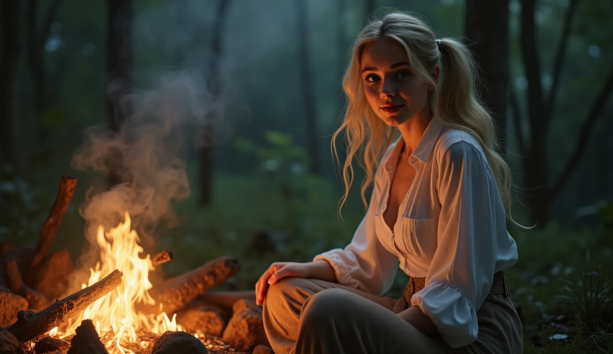 (masterpiece, UHD. Photorealistic) extremely detailed, an ultra hot gorgeous European woman. 2 french model, epic cleavage (100e size) in the night:1.2, warm hue, warm tone, ivory long sleeve shirt:1.2, with stars and milky way trails:1.1, sitting near campfire, in forest, real steam visible, smoke, shadows, tent, ultra detailed face, twintails:1.1, blonde hair, pale skin, busty breasts, joyful smile:1.1, dynamic pose