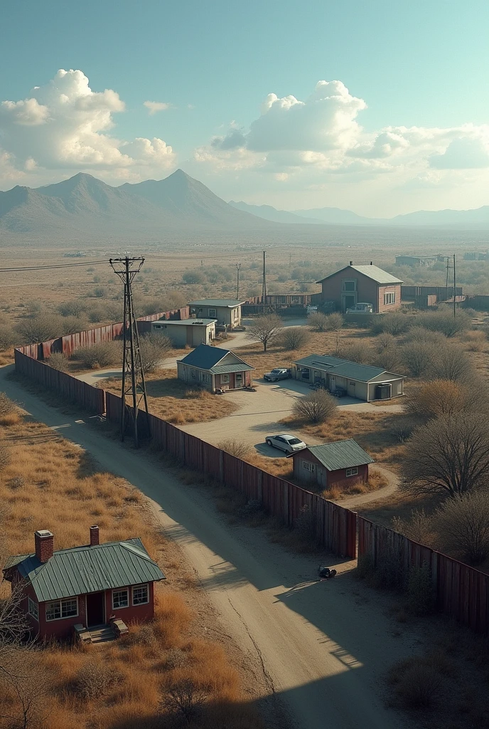(photorealism:1.2), a small american town in the post-apocalypse during the 2000´s. The small town is surronded by a wall made of scrapped metal. The town looks clean and safe, not affected by the end of the world. The world outside the scrapped metal wall is desolated, dead and abandoned. The weather is clean, giving the town a a feeling of hope in contrast with the devastated landscape of outside the wall. View from the sky, so the whole town can be seen.