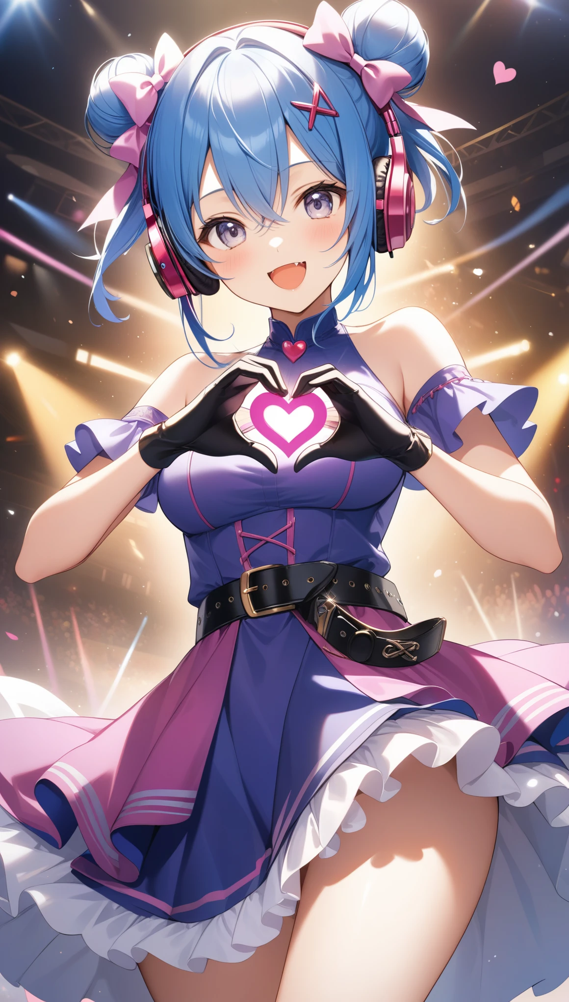 1girl, solo, long hair, breasts, looking at viewer, blush, smile, open mouth, bangs, hair ornament, gloves, dress, bow, hair between eyes, bare shoulders, blue hair, :d, hair bow, heart, cowboy shot, frills, fang, belt, hair bun, grey eyes, double bun, headphones, frilled dress, x hair ornament, purple dress, heart hands, idol, ((32k)), ((best quality)), ((ultra high res)), ((HDR)), ((UHD)), ((extremely detailed CG)), ((unity 32k wallpaper)),