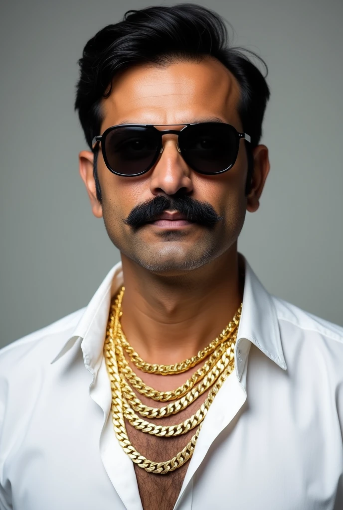 A brown Indian man age of 40 years with black mustache and clean shaved face with lots of gold chains in neck in a white shirt with black sunglasses