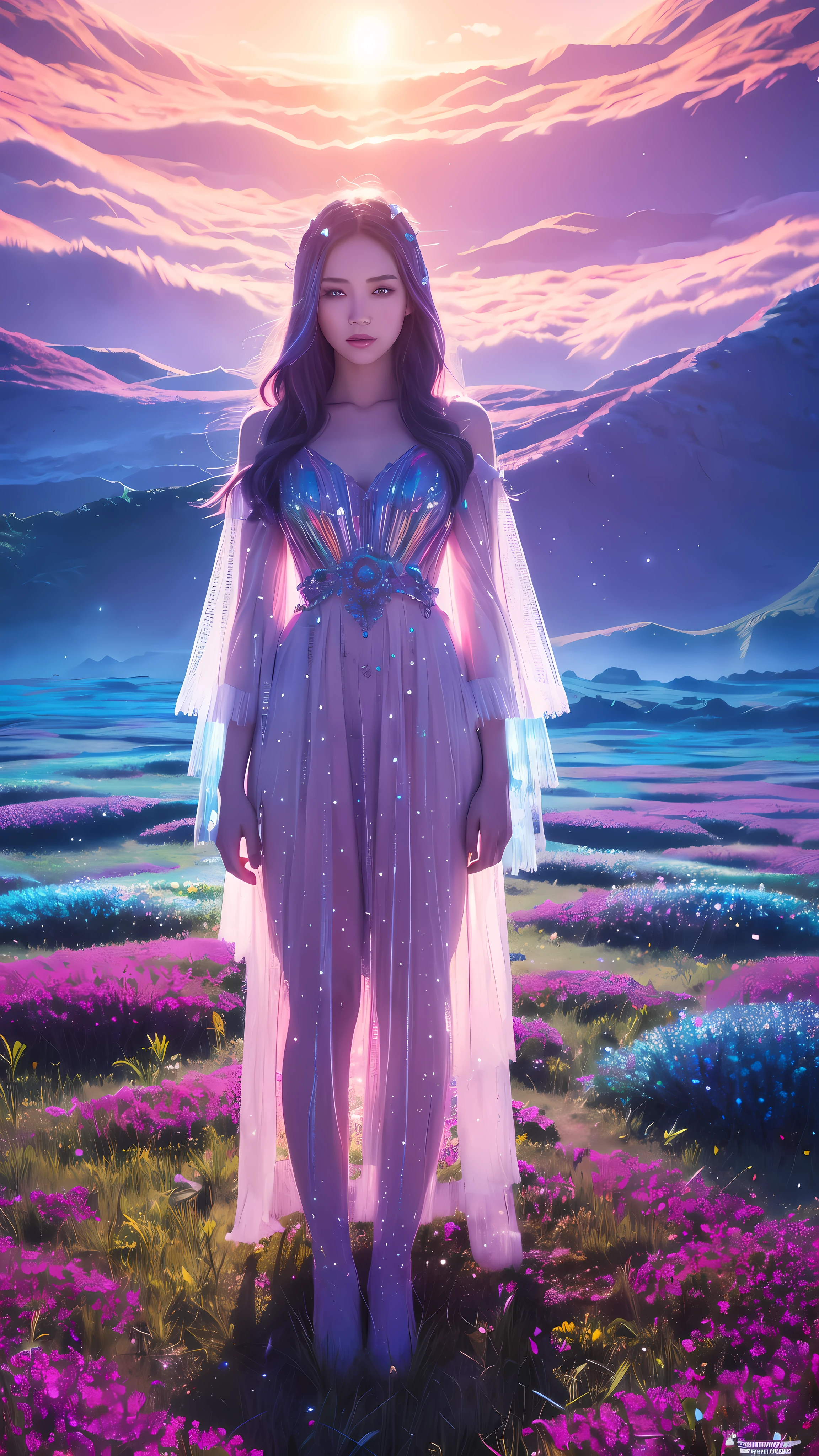 A surreal uncommon landscape, colorful and dreamlike, 1girl standing in a field of floating crystals, detailed face and eyes, ethereal atmosphere, vivid colors, dramatic lighting, intricate details, cinematic composition, award-winning digital art, hyper-detailed, photorealistic, masterpiece