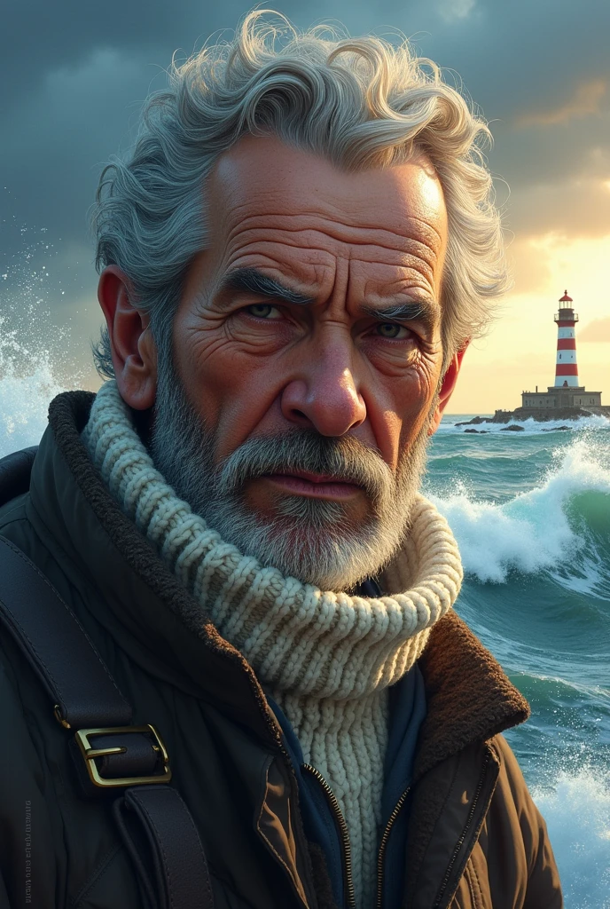 face portrait of an rugged (old fisherman:1.3), (face focus:1.5), (storm:1.2), (waves:1.3), ocean, (lighthouse background:1.3), (cowboy shot:1.4), (white turtleneck knitted sweater:1.3), looking at viewer, realistic, masterpiece, highest quality, backlighting, (lens flare:1.1), (bloom:1.1), (chromatic aberration:1.1), by Jeremy Lipking, by Antonio J. Manzanedo, digital painting