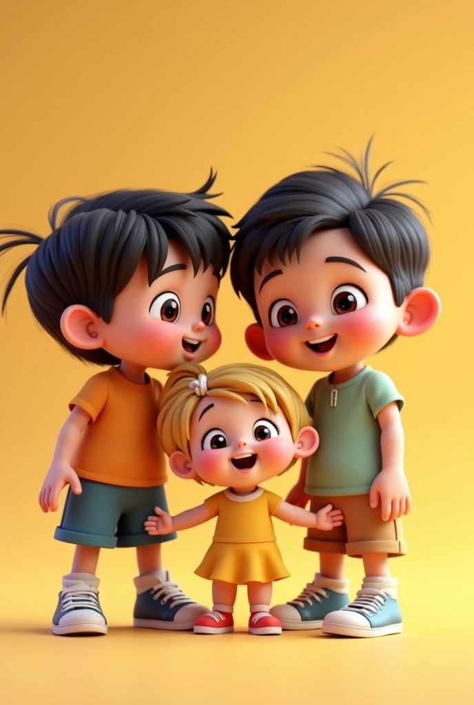 Three children, two big and one small, the dark haired one, blonde haired girl and dark haired , looking at camera and smiling in 3d drawing