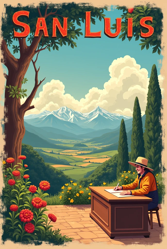Generate an image that contains natural colors a visible poster about travel agencies themed decoration with photographs and landscapes with a table and desk. With images from San Luis Argentina 