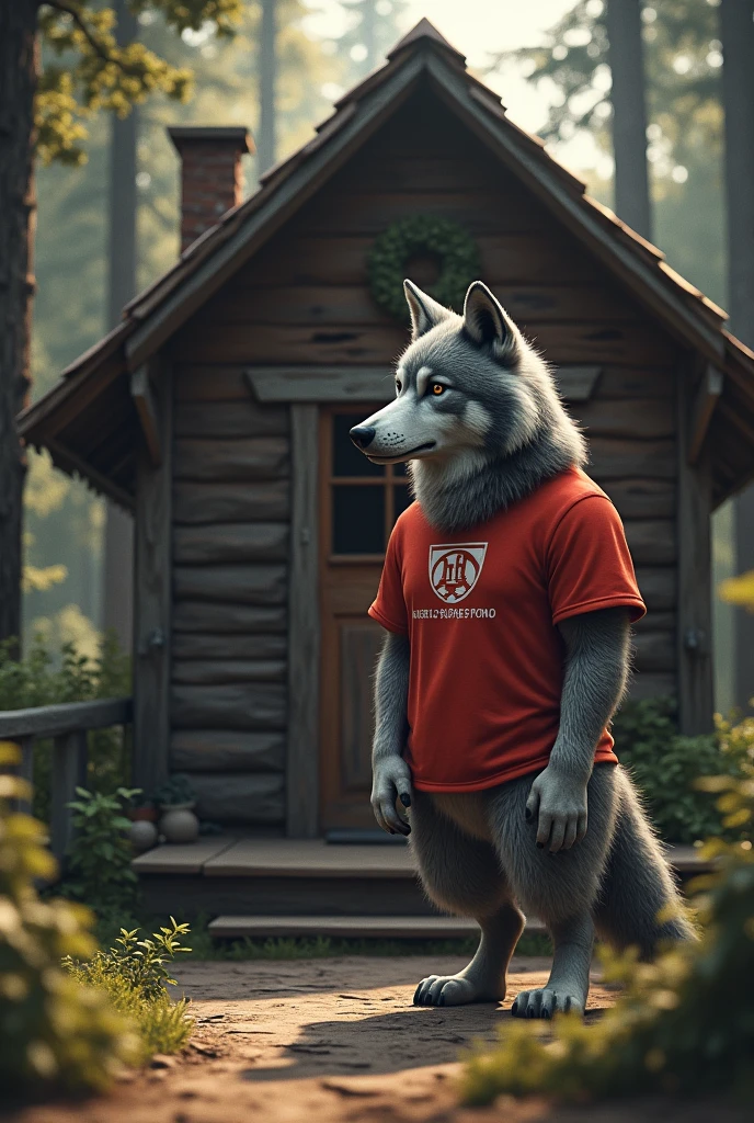 A wolf wearing a Tim company shirt knocking on grandma's door