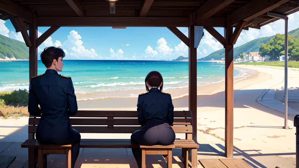 High resolution, Anatomically correct, Two men and women, uniform, Station with sea view, Sit on a bench, Rear view, 