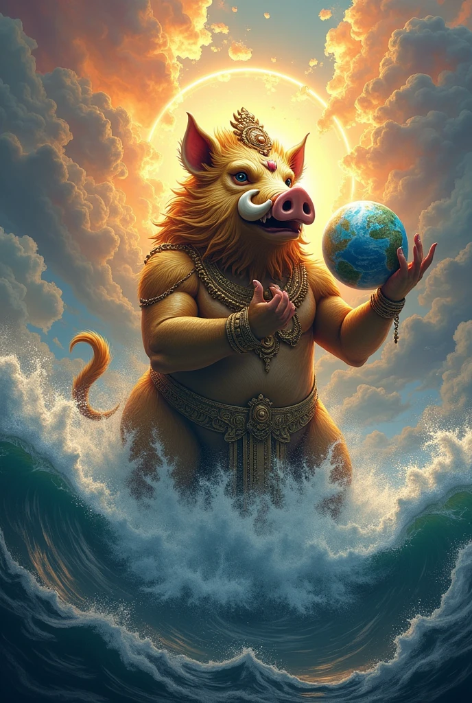 Here’s a prompt for creating a vivid and detailed image of Vishnu in his Varaha (boar) avatar:
"Create a striking and colorful image of Vishnu in his Varaha avatar, the boar. Illustrate Varaha as a powerful and majestic boar with a richly detailed, golden or bronze-colored fur. Emphasize its divine features, such as a glowing aura or halo. Position Varaha emerging from a turbulent ocean or holding the Earth in its tusks, symbolizing the lifting of the Earth from the cosmic waters. The background should be dynamic, with dramatic clouds and celestial elements to enhance the sense of divine intervention. Use vibrant, contrasting colors and intricate patterns to capture the grandeur and protective nature of Vishnu’s Varaha avatar."