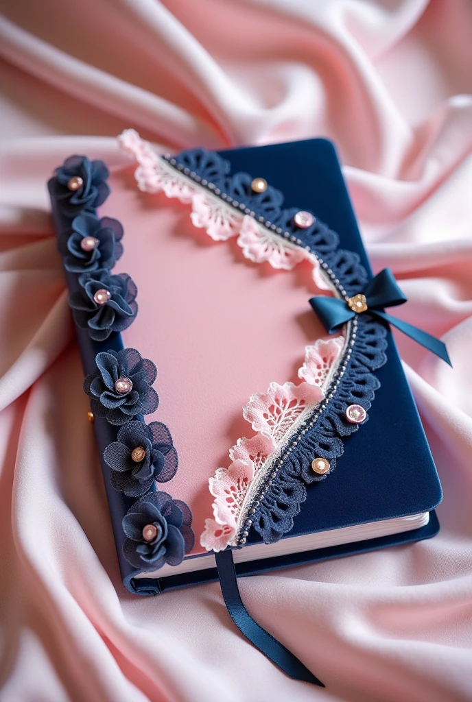 A coquette navy blue and baby pink diary. Velvet is the fabric in baby pink colour (the base) and the rest decor is in navy blue, it has lace and ruffles and bows