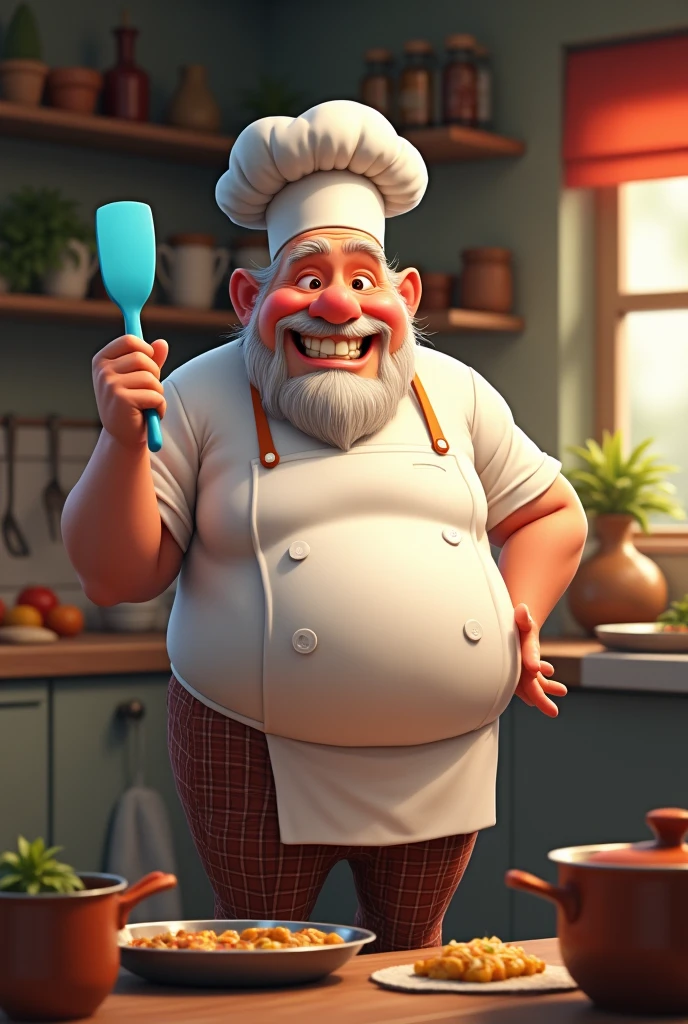 an joly fat chef grandpa with  blue spatula 