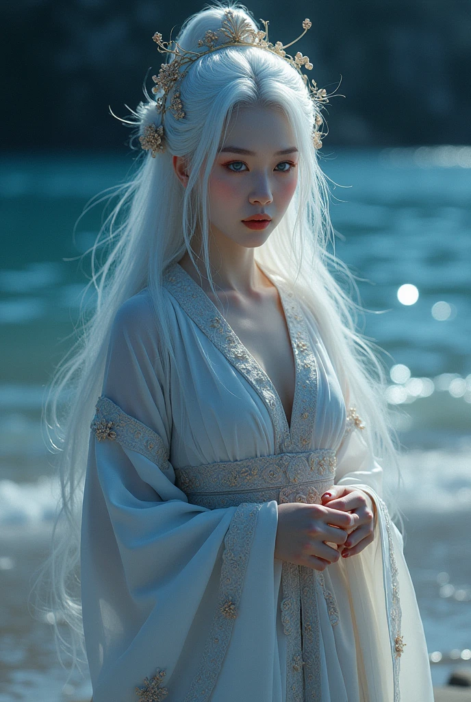 A white-haired woman with ruby red eyes and pure white skin, wearing Chinese style clothes, under the night sky on the beach. 