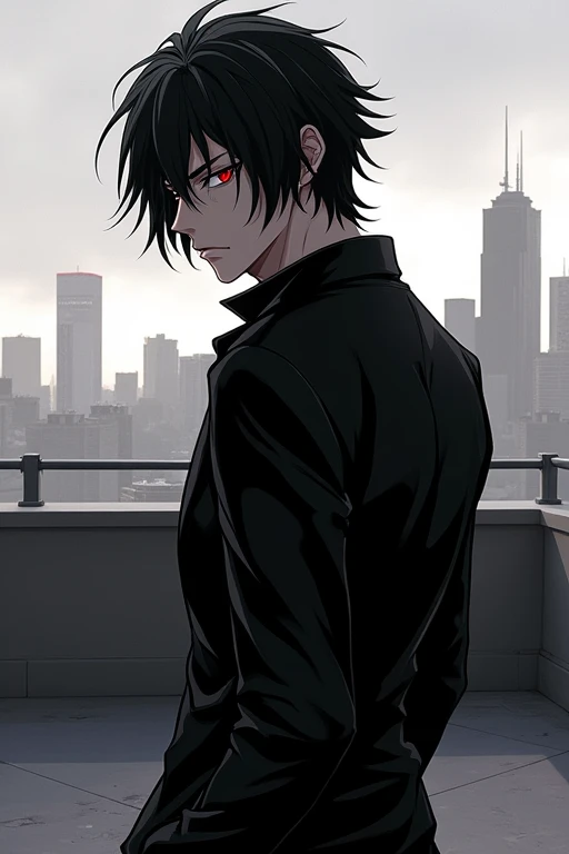 Black Hair,Black suit,male,Anime Style,Red Eye,Rooftop