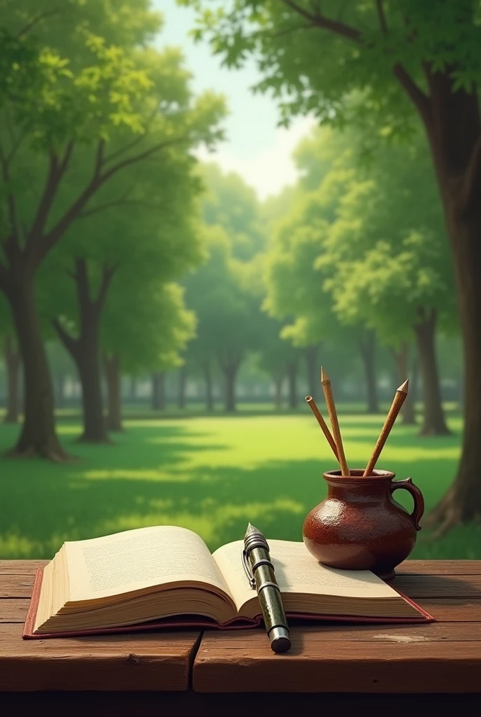 A pen and an inkpot and a book and agreen park in background