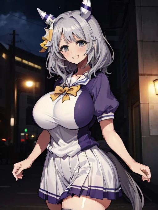 (((masterpiece))), ((Highest quality)), 1 person, One Woman, alone,Glowing Skin,(Bust Shot),hishi miracle, horse ears, hair ornament, horse tail, tracen school uniform, purple shirt, puffy short sleeves, white skirt, white thighhighs, Gray Hair, Yellow Eyes、Detailed Eyes, (((Very large breasts)))、(Thick legs),smile、