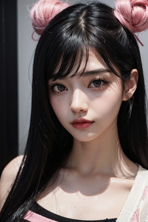 Girl with half black hair with pink tips and black eyes