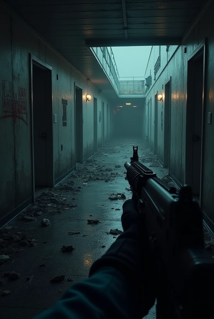 Abandoned cruise ship view from inside, FIRST PERSON POINT OF PERSON POINT Police officer only visible arms with an M4 in his hands walking through the corridors, evening mood, find 2 survivors