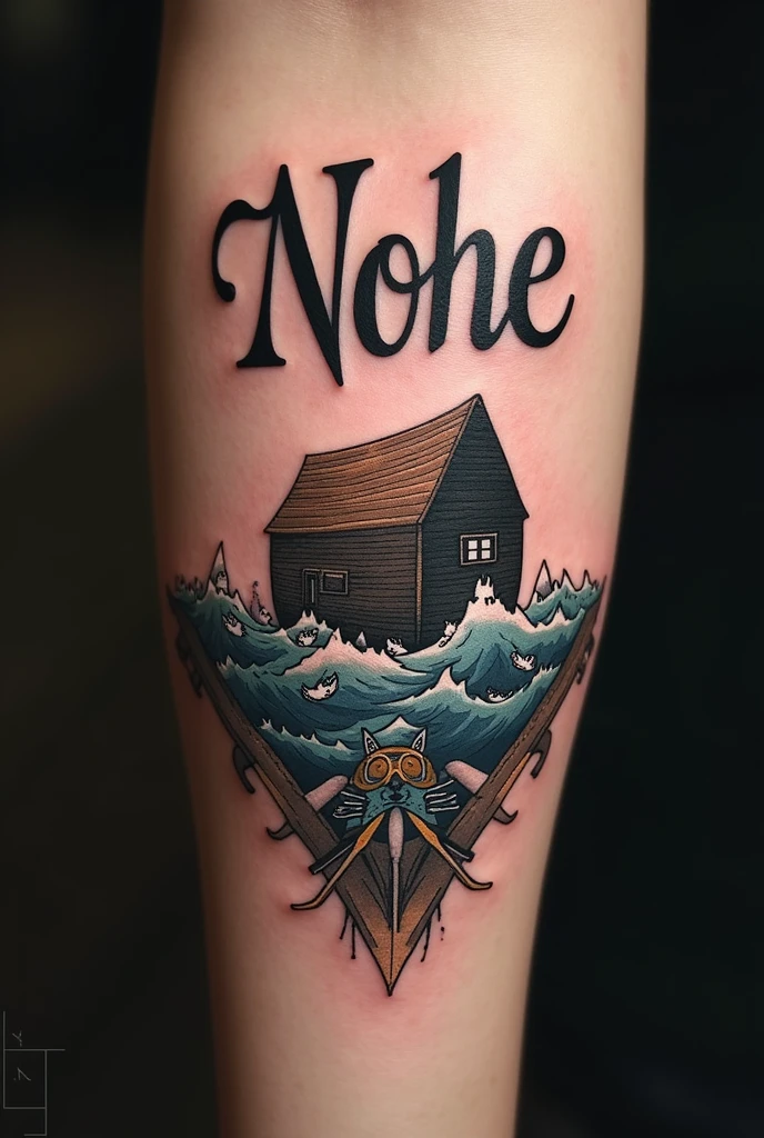 Nohé name tattoo, with Noah's Ark (avec les animaux dedans)