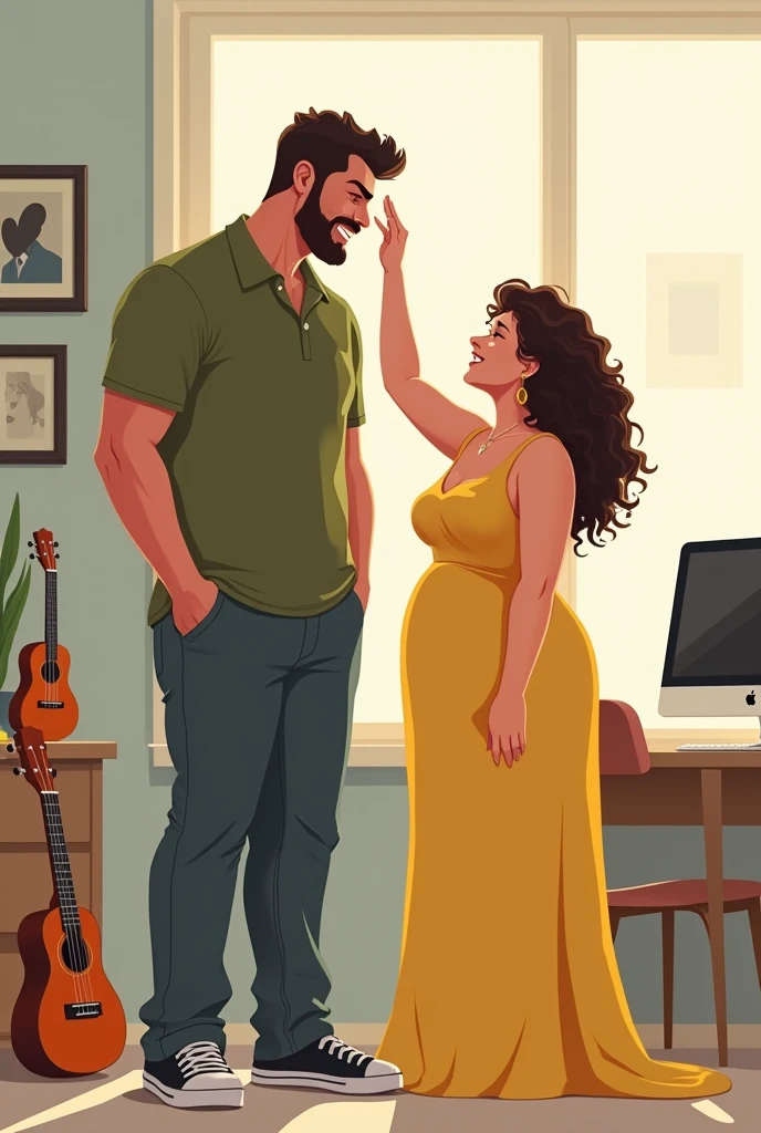 The boyfriend, 6 feet 2 inches tall, wearing an olive colored polo shirt.
A girlfriend with a height of 5 feet wearing a yellow long gown with high collar with curly hair.
The girl is trying to put her hand on the boy's head but can't because the girl is fat and short. girl is fatty
The boy is laughing and the girl is very irritated.
background should be one ukulele, design studio and computer, tablet, illustrator photoshop.