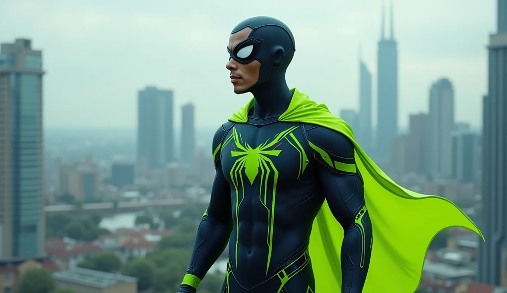 Create a superhero character called 'Techman', inspired by the style of Spider-Man. The character must wear a fitted outfit with predominant colors of dark blue and black., but with a vibrant color and highlighted as a central element. Add a lime green chroma-style cape or accessory, that stands out visually. The outfit must be modern and technological, with subtle details such as circuits and technological symbols, but without the spider symbol on the chest. The Techman must have a dynamic and agile posture, with a confident and friendly expression. The background can be a futuristic urban setting, but the highlight should be on the lime green cape or accessory to ensure that it stands out in thumbnails and is easily recognized as the superhero that helps choose the best options.
Create an image of the Techman in an observation pose, as if analyzing a scene or watching from a high point of view. The attire must be the same, and the lime green cover or accessory must be visible. Techman's expression must be thoughtful, and the background should show a panoramic view of a city