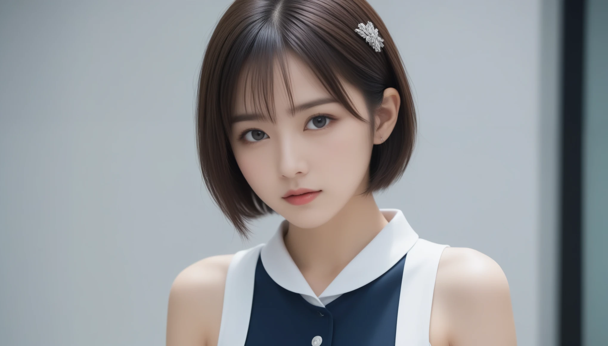 8k, Ultra-high resolution, Highest quality, masterpiece, 三分割法によるphotograph,Surreal, photograph, 1 , (:1.3), cute, cute顔, 細部までBeautiful Eyes, 細かくdetailedに,masterpiece,One Girl:1.2,Japanese women,Policewoman,upper body,glaring,Black short hair,Space buns,ID photo,(Police officer of the future:1.3),cyber punk,Future City,white collar,((Fusion of humans and androids)),((Fusion of humans and androids))(Beautiful attention to detail),Subtle details, detailedな顔,anger,Attractive eyes,(ポートレートphotograph:1.4),(Photorealistic images:1.4),Fantasy art,(Beautiful Face:1.4),美しくAttractive eyes、Beautiful Eyes,Silver residue,(Tight waist:1.4)、(Beautiful with perfect body proportions:1.4),Pink Lips,profile,(((Ideal body type))),A-cup small breasts :2,、Portraiture:2、Perfect Anatomy、鮮明なdetailed、detailed,Fashion magazine cover,Thin lips,完璧でBeautiful Face ,完璧でcute顔, Skin with attention to detail, Perfect limbs、Narrow waist,Surreal,Light and shadow,spotlight