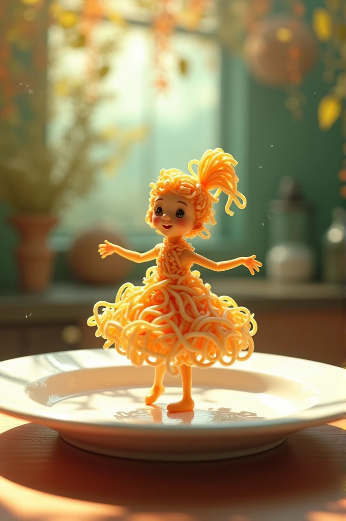 Leonardo Ai Prompt - " A whimsical miniature figure composed of delicately arranged noodles, poised in a carefree dance on the rim of a plate, white shiny plate, set on a table, vibrant kitchen backdrop, where dappled sunlight filters through the canopy above, casting intricate shadows. The overall aesthetic is ethereal, with warm, earthy tones of sienna, umber, infused with hints of emerald and golden light, evoking a sense of wonder and enchantment, as if plucked from a fantastical realm
