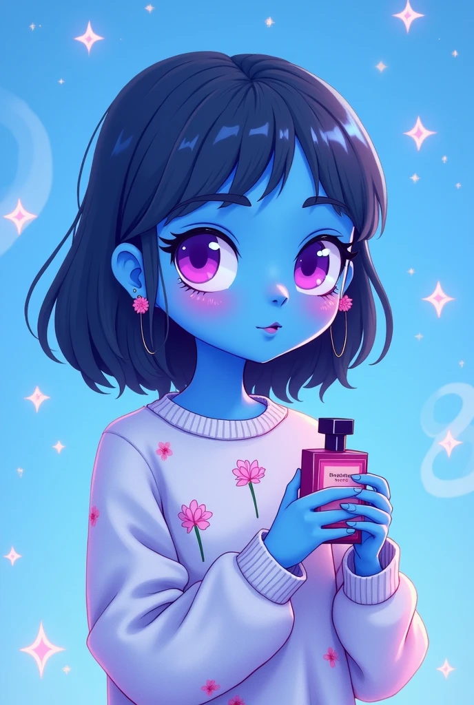 Simple shapes and soft lines with a cartoonish style, modern youth with a touch of surrealism characteristic of digital illustrations on social networks , with a minimalist single-color background ( blue) with details in soft lines and soft star patterns  , una mujer piel blue ojos grandes y morados sosteniendo una botella de perfume con un suéter con estampado de flores blue sombras suaves alrededor de sus ojos , Ear piercings.animated drawing solid colors 