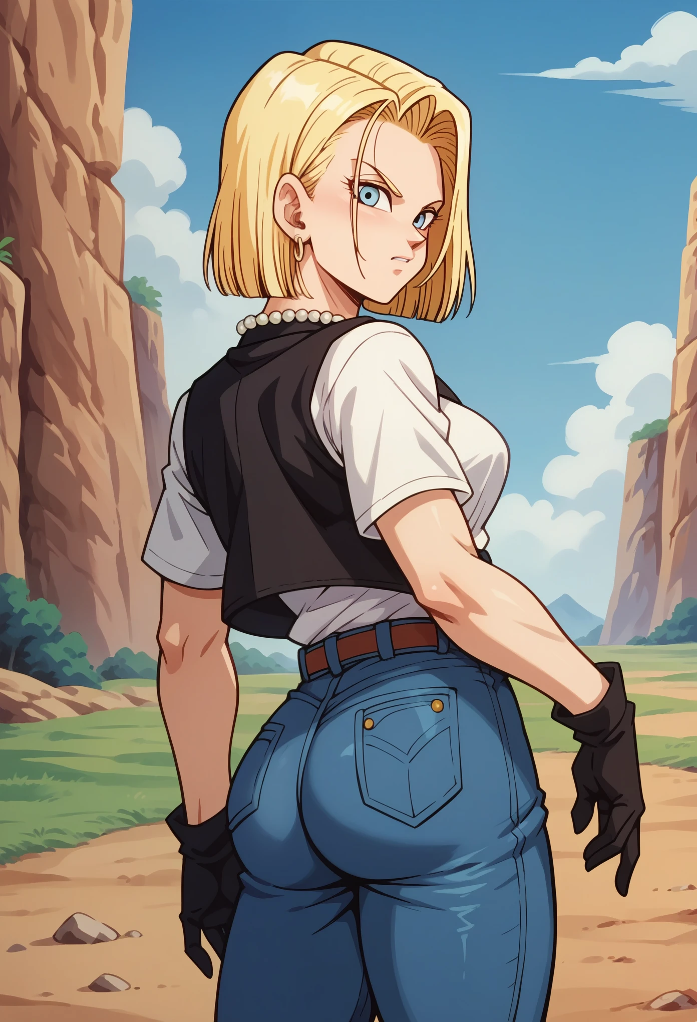 score_9, score_8_up, score_7_up, BREAK, score_9, cyborgc18dbz, breasts, blonde hair, blue eyes, short hair, earrings, black waistcoat, jeans, belt,  white shirt, pearl necklace, 1girl, solo, looking at viewer, cowboy shot, ass, from behind, tournament