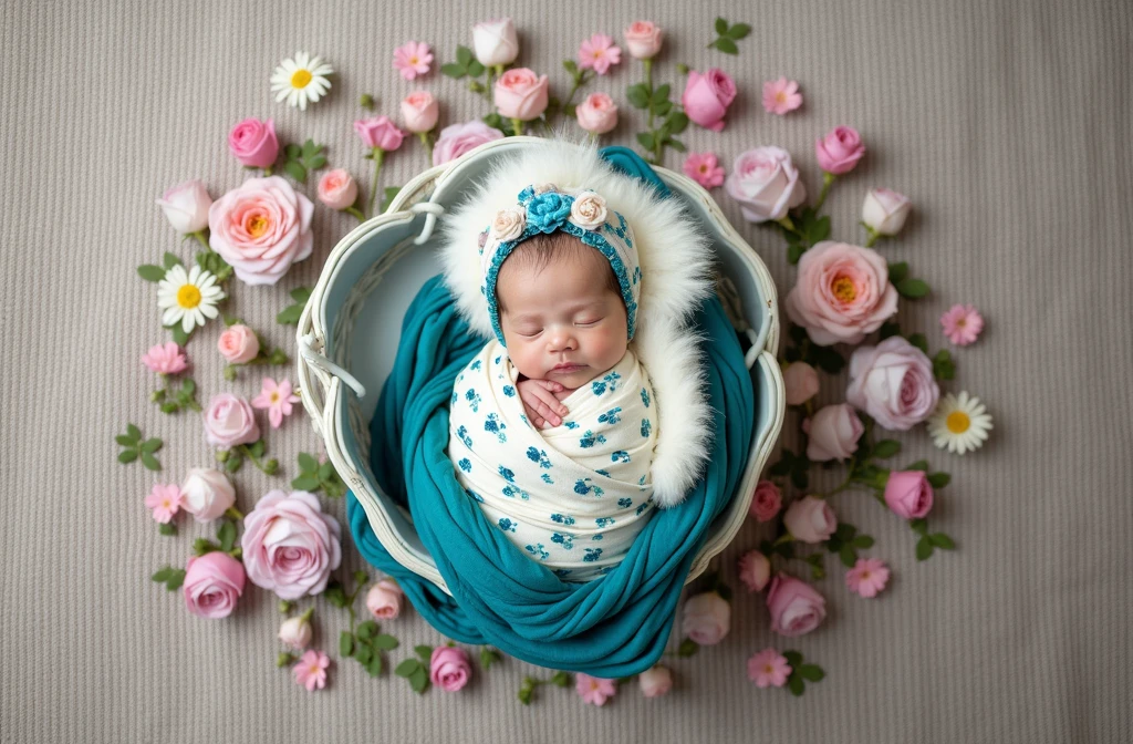arafed baby wrapped in a blanket in a flower sape basket with flowers, a portrait inspired by Anne Geddes, shutterstock contest winner, art photography, wrapped in flowers, wrapped in cables and flowers, photo of a beautiful, wrapped in flowers and wired, maternal photography 4 k, fully covered, cyan photographic backdrop, close full body shot, full protrait