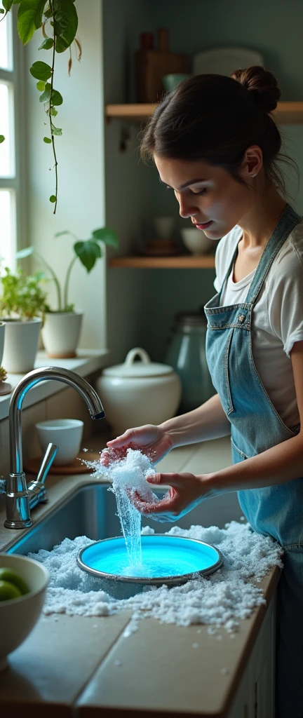 a woman washing dishes, she is in the kitchen, the tap has a portal through which the water comes out, round portal in blue color 