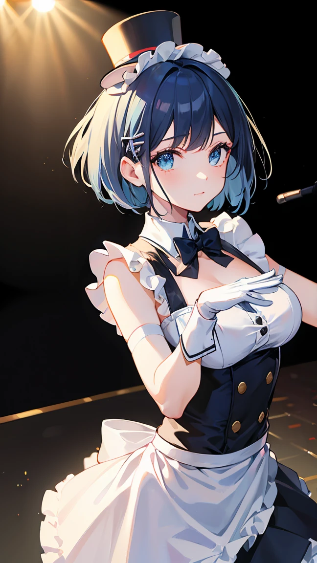 ((best quality)), ((masterpiece)), (detailed), perfect detailed eyes, perfect detailed face, blue hair, bob cut, hairpin, maid, maid costume, Tap dancing on a theater stage, in the spotlight, Wear a top hat and white gloves