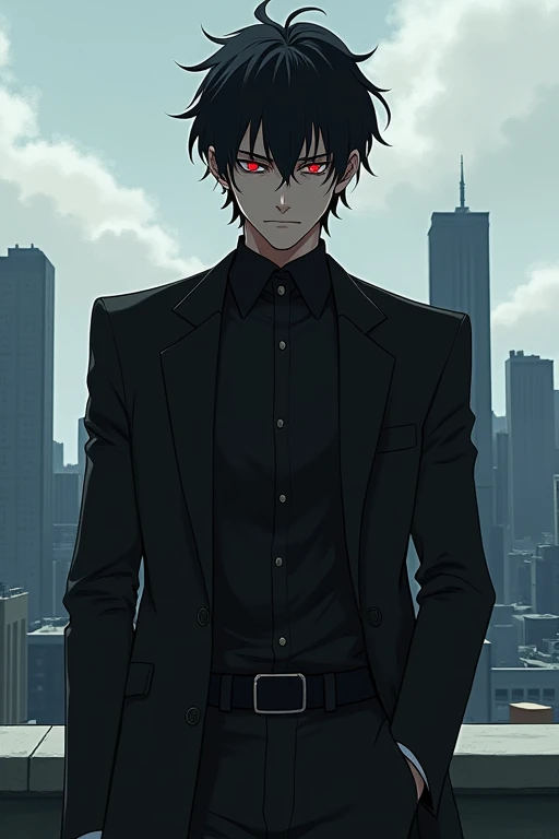 Black Hair,Black suit,male,Anime Style,Red Eye,Rooftop