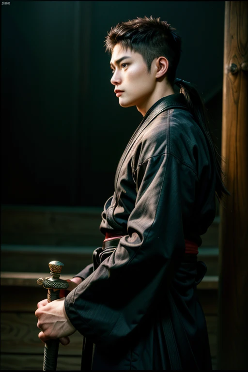 ((masterpiece, Highest quality, Best image quality, High resolution, Realistic, RAW Photos, 8k, Highly detailed CG synthesis 8k wallpaper)), Samurai Youth, Long black hair, Manly, strong face, Male Body，Wearing a purple kimono and black hakama, Holding a sword, View from the side.