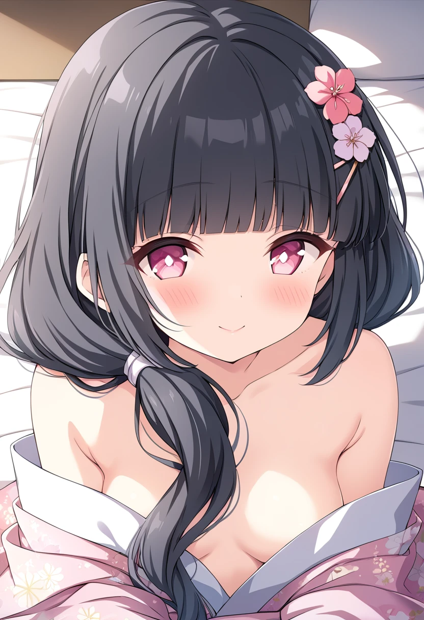 nsfw,nsfw,((womanを一人だけ描く))、(Alone Girl)、(１woman)、MORIZONOMEI, BLACK HAIR, HAIR FLOWER, HAIRCLIP, BLUNT BANGS, LOW TWINTAILS, HAIR OVER SHOULDER, LONG HAIR, PINK EYES,high resolution、anime、Alone and pure,White, fine-grained skin,Small Mouth, 美しい日本のwoman, 16 years old, White, fine-grained skin,Small Mouth, 美しい日本のwoman, , Floral print, Wedding Hair Ornaments, Wedding Kimono, In the same way, bangs, (masterpiece, Highest quality, HD Images, 4K:1.4), Gentle expression, A kind smile, Kind eyes, Mature, Pink Cheeks, Very fine grain, Very fine pupils, Very fine hair, Long-sleeved kimono, Floral Head Accessories, from the front, Detailed face, whole body, Respect your audience, Close up on forehead, Lean towards the viewer, Detailed long black hair, (Lying in bed, Off the shoulder, Cheeks turn red, kiss the audience, Pink lips:1.4)、(The kimono is open、I can see her boobs、Nipples are visible)、Smaller breasts