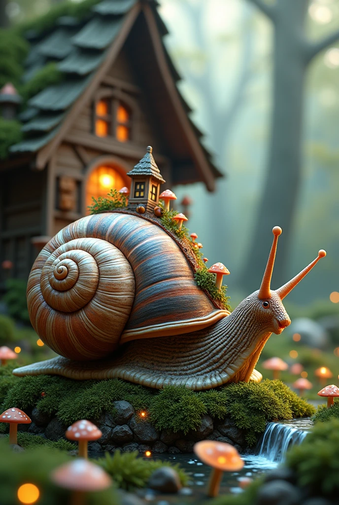 Photorealistic 4K photo of a whimsical snail in an enchanted forest. The snail is incredibly realistic, with a finely detailed, natural body, and a fantastically intricate shell. The shell is transformed into a miniature magical world, featuring whimsical, swirling patterns, vibrant colors, and tiny, enchanting structures like wooden houses, fairy towers, and delicate bridges. These structures are adorned with glowing mushrooms, tiny lanterns, and moss-covered rooftops. The shell also includes miniature gardens, small waterfalls, and sparkling crystals embedded within its surface, creating a surreal and magical appearance.
The background complements the snail's fantastical shell, with a vibrant forest floor covered in lush greenery, soft moss, and bioluminescent plants. A large, wooden fairy house is partially visible behind the snail, with tiny windows glowing warmly. Soft, natural light filters through the trees, casting gentle rays on the snail, while delicate, glowing particles float through the air, adding to the enchanting atmosphere. The overall scene blends photorealism with surreal, magical elements, creating a captivating, fairy-tale-like world.